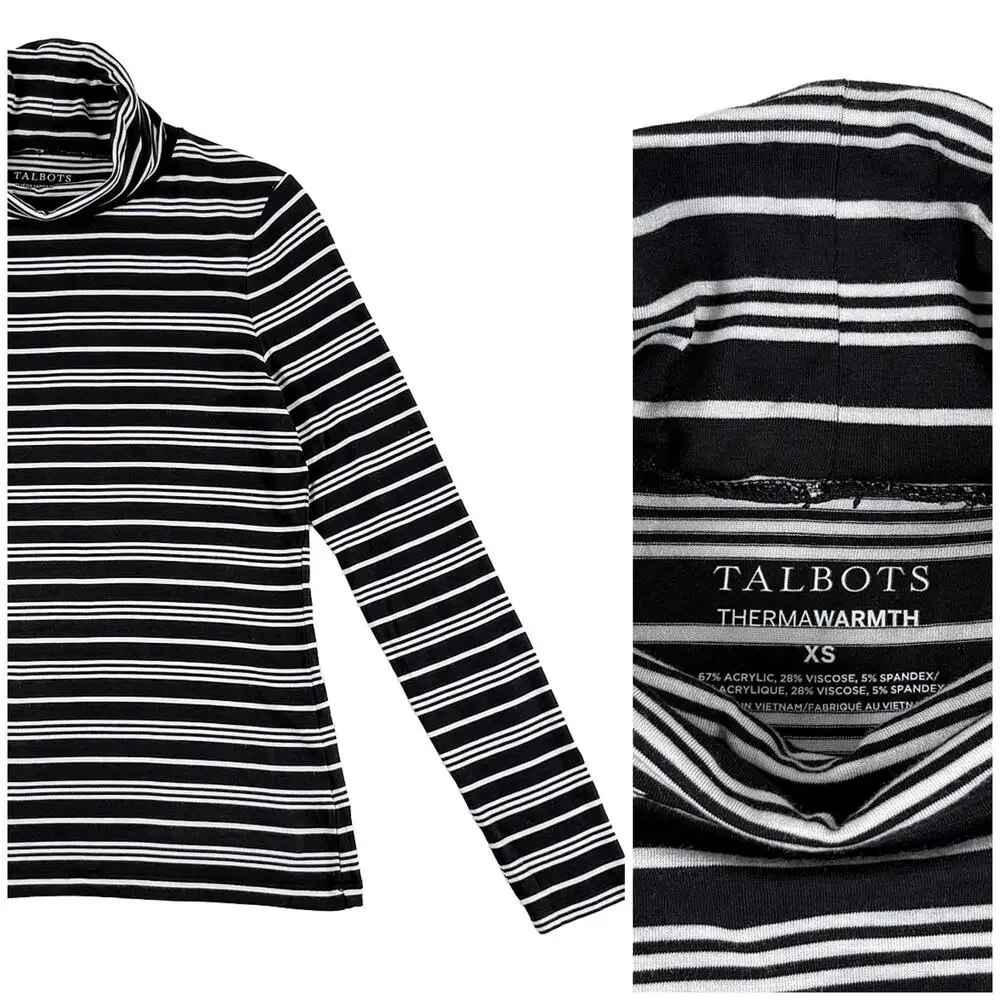 Talbots Thermawarm Turtleneck Women XS Striped Black White Cozy Layering Classic